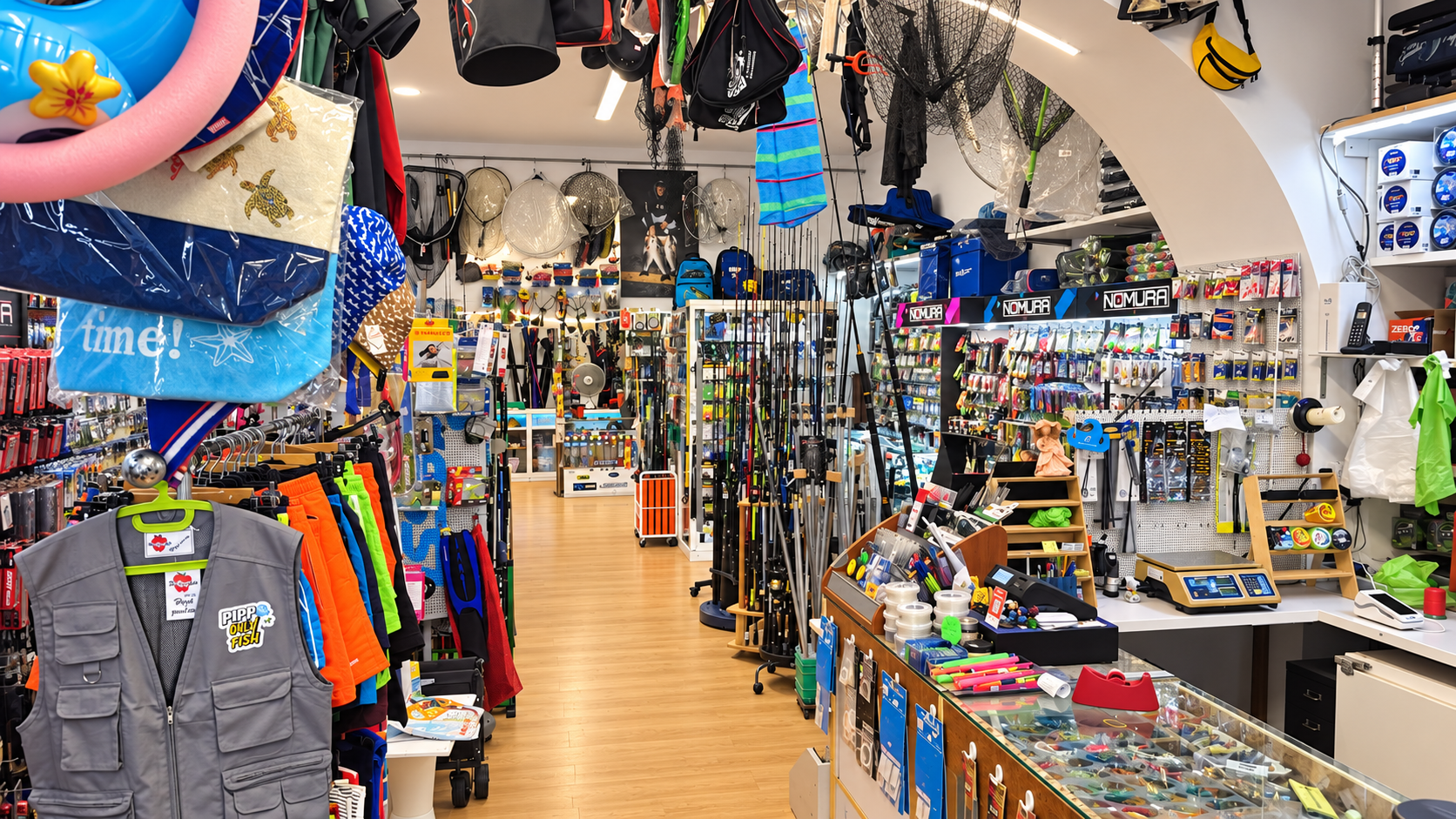 Interno del negozio Pippo Only Fish: la corsia centrale fra gli espositori, con canne, guadini appesi al soffitto, abbigliamento tecnico e il banco vendita sulla destra